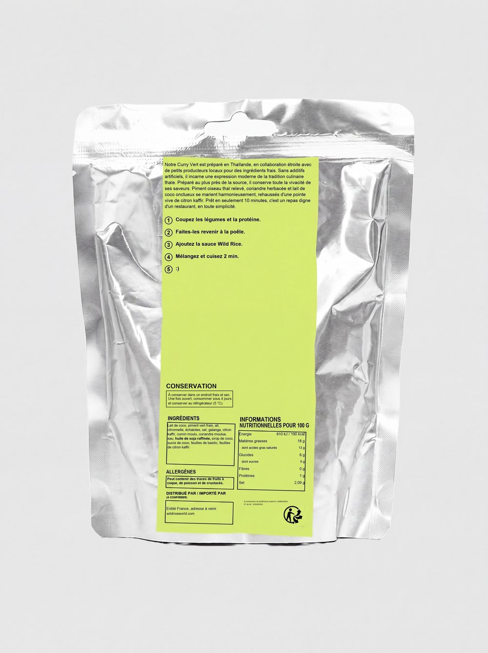 Back of the Wild Rice Green Curry pouch, French compliance mockup