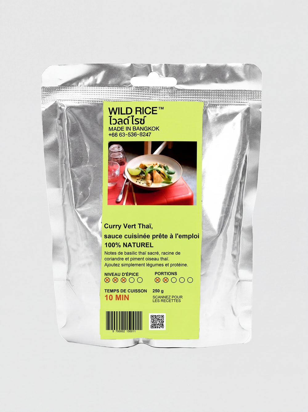 Front of the Wild Rice Green Curry pouch, French compliance mockup